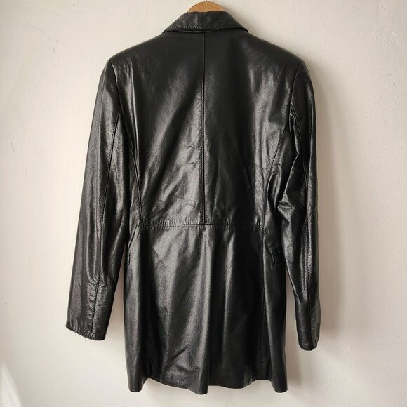 Vtg Late 90s Early 00s Women's Genuine Leather Long Black Button-Up Jacket Rock - Picture 7 of 16